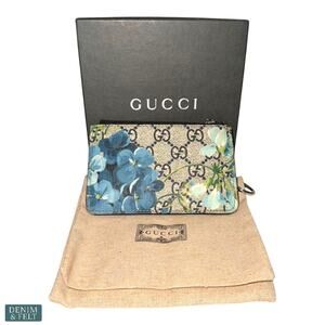 Gucci GG Blooms Blue Floral Supreme Canvas Key Pouch Card Case Wallet ~ RARE!!